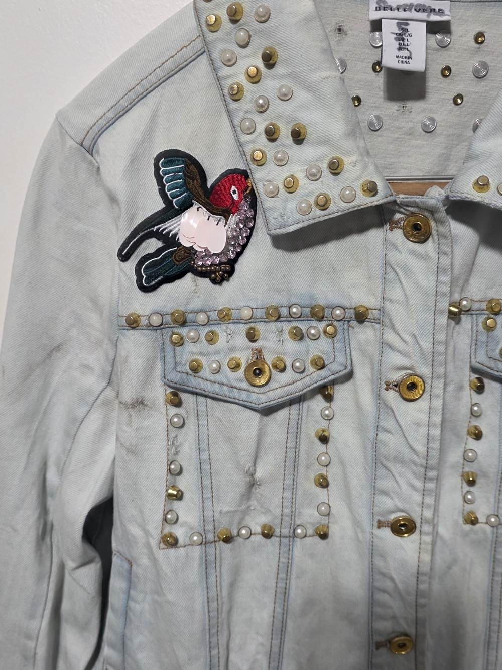Studded Embroidered Light Blue Denim Jacket by Faded Glory - Picture 3 of 15
